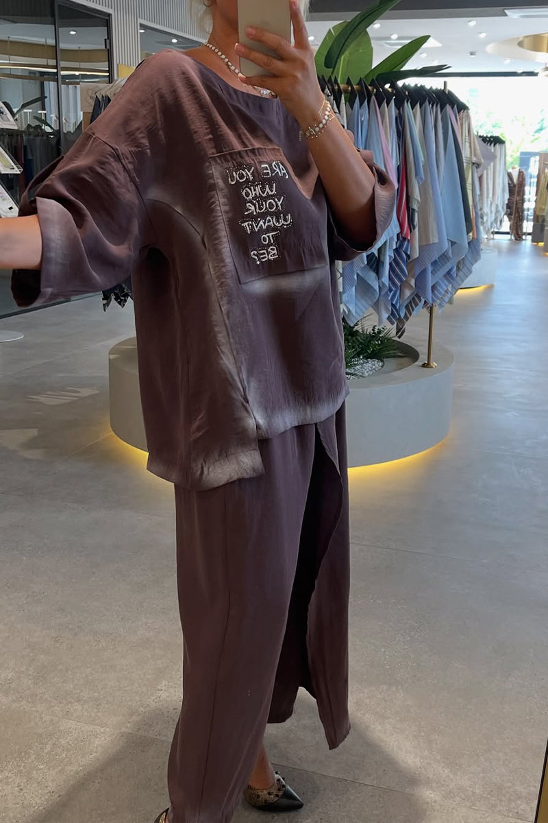 Ladies' Round Neck Printed Letter Top+ Spliced Fake Two-piece Pants Casual Set - MATCHING MASTER