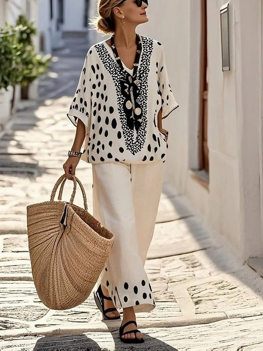 Ladies' V-neck Polka Dot Print Loose Casual Suit - MATCHING MASTER