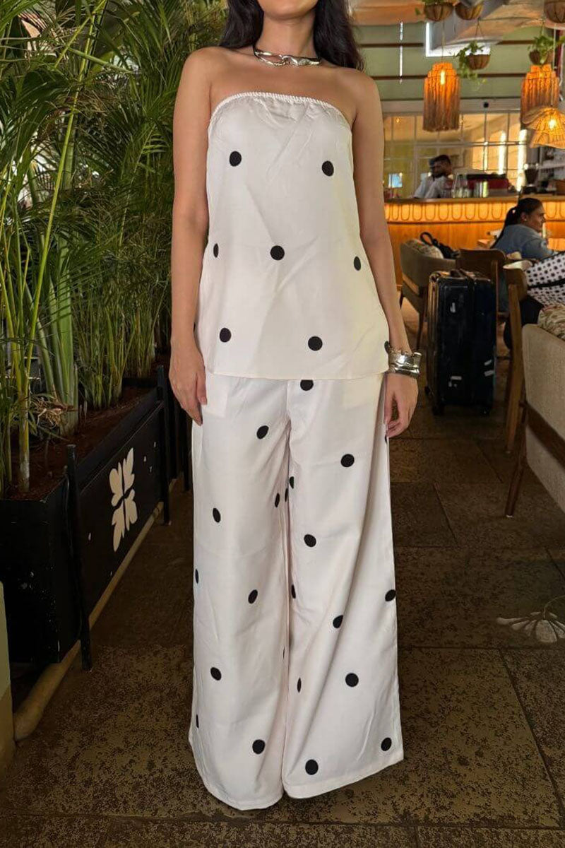 Women's Classic Polka Dot Tube Top Wide Leg Pants Set - MATCHING MASTER