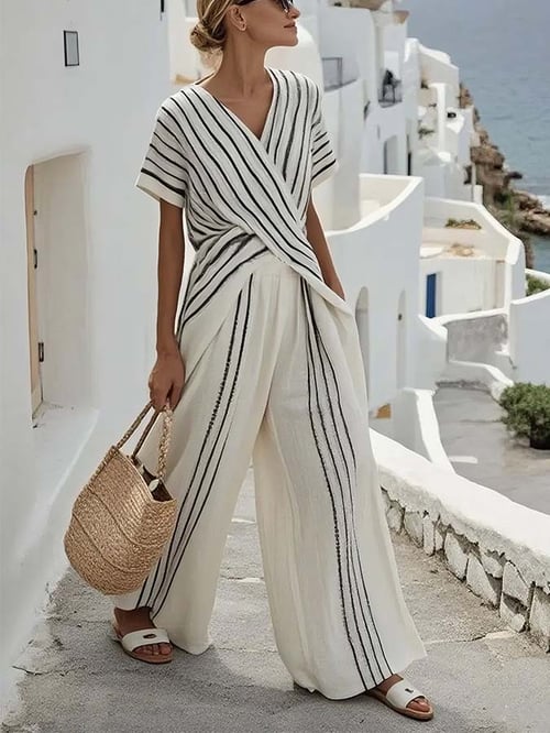 Women Summer Loose Striped Resort Pants Set - MATCHING MASTER