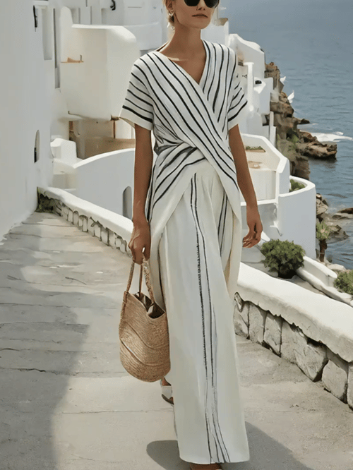 Women Summer Loose Striped Resort Pants Set - MATCHING MASTER