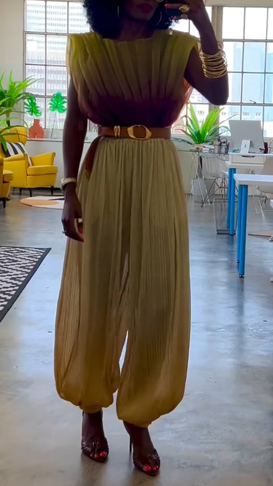 Ladies' Round Neck Pleated Gradient Top+ Pants Casual Suit - MATCHING MASTER