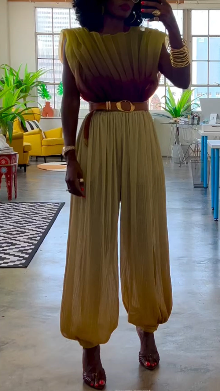 Ladies' Round Neck Pleated Gradient Top+ Pants Casual Suit - MATCHING MASTER