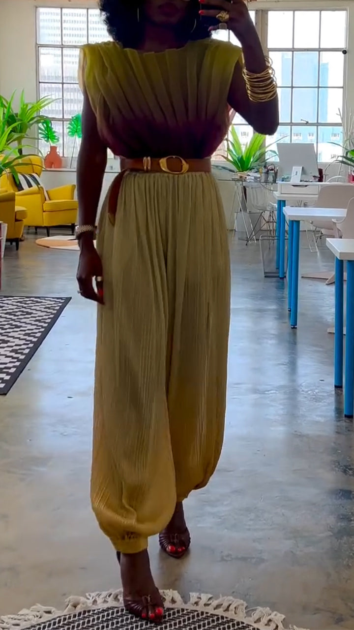 Ladies' Round Neck Pleated Gradient Top+ Pants Casual Suit - MATCHING MASTER