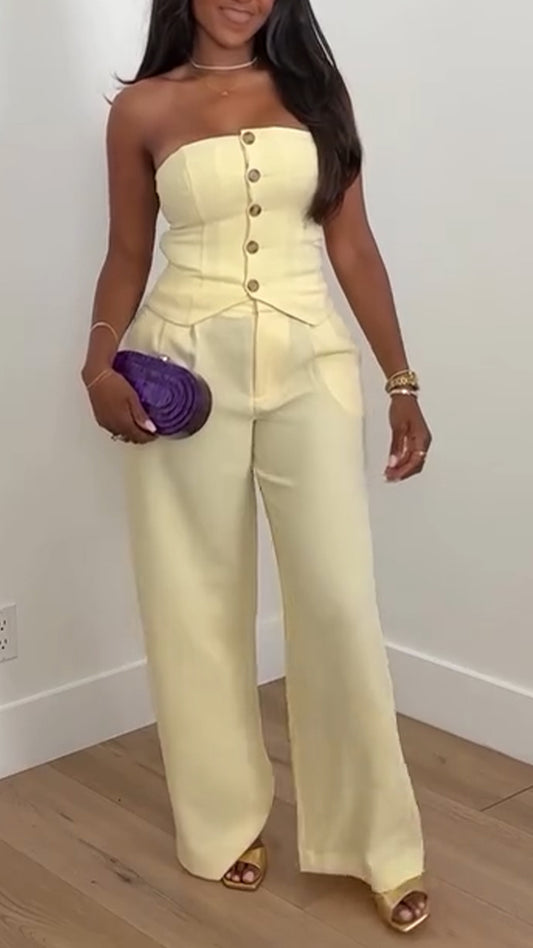 Ladies Strapless Button Up Top+ Pants Casual Outfit - MATCHING MASTER