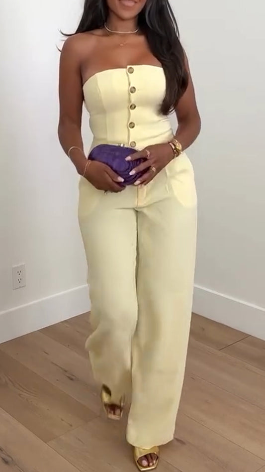 Ladies Strapless Button Up Top+ Pants Casual Outfit - MATCHING MASTER