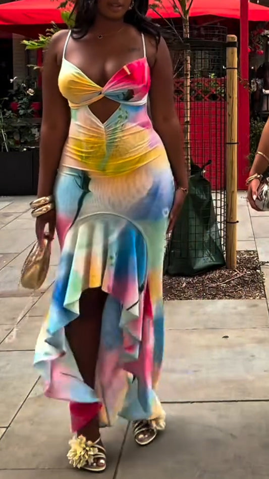 Women's Suspender Patchwork Irregular Hollow Out Dyed Casual Dress - MATCHING MASTER