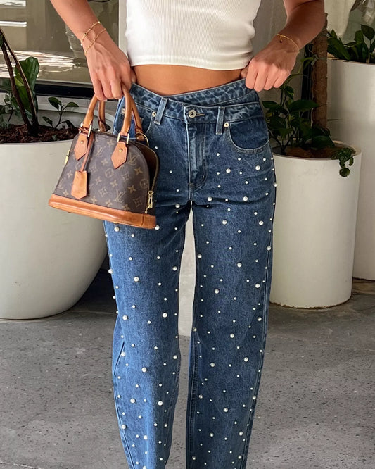 Denim Dazzle Pearl Mid Wash High Waisted Jeans - MATCHING MASTER