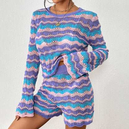 Two-piece patchwork sweater loose mid-color round neck striped sweater for women