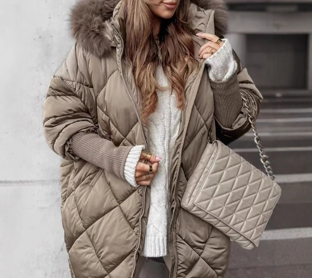 Women's camel diamond-quilted hooded coat with a fluffy hood trim, worn open over a cream knit