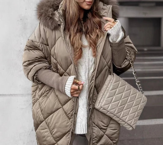 Women's camel diamond-quilted hooded coat with a fluffy hood trim, worn open over a cream knit