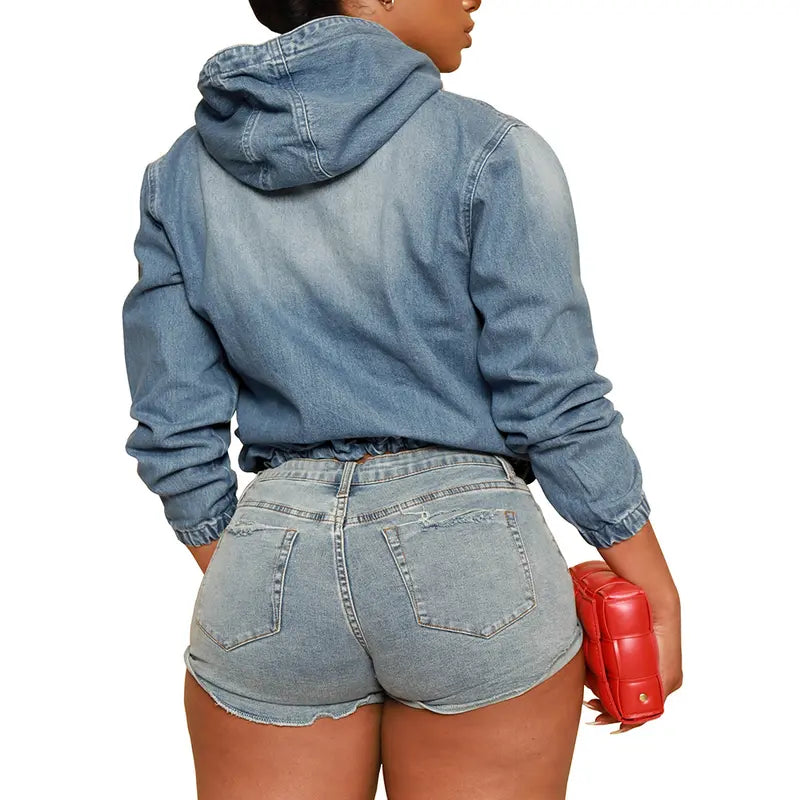 Women's Half Zip Denim Hoodie Pullover Jacket Jean Tops - MATCHING MASTER