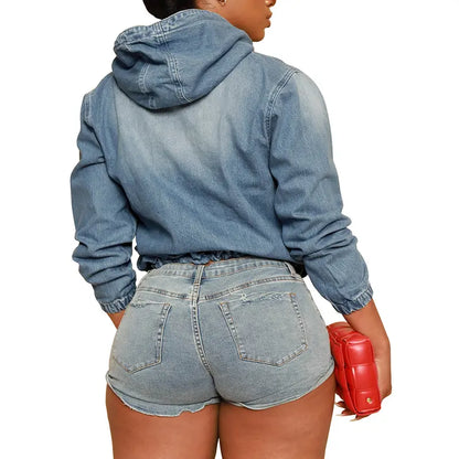 Women's Half Zip Denim Hoodie Pullover Jacket Jean Tops - MATCHING MASTER