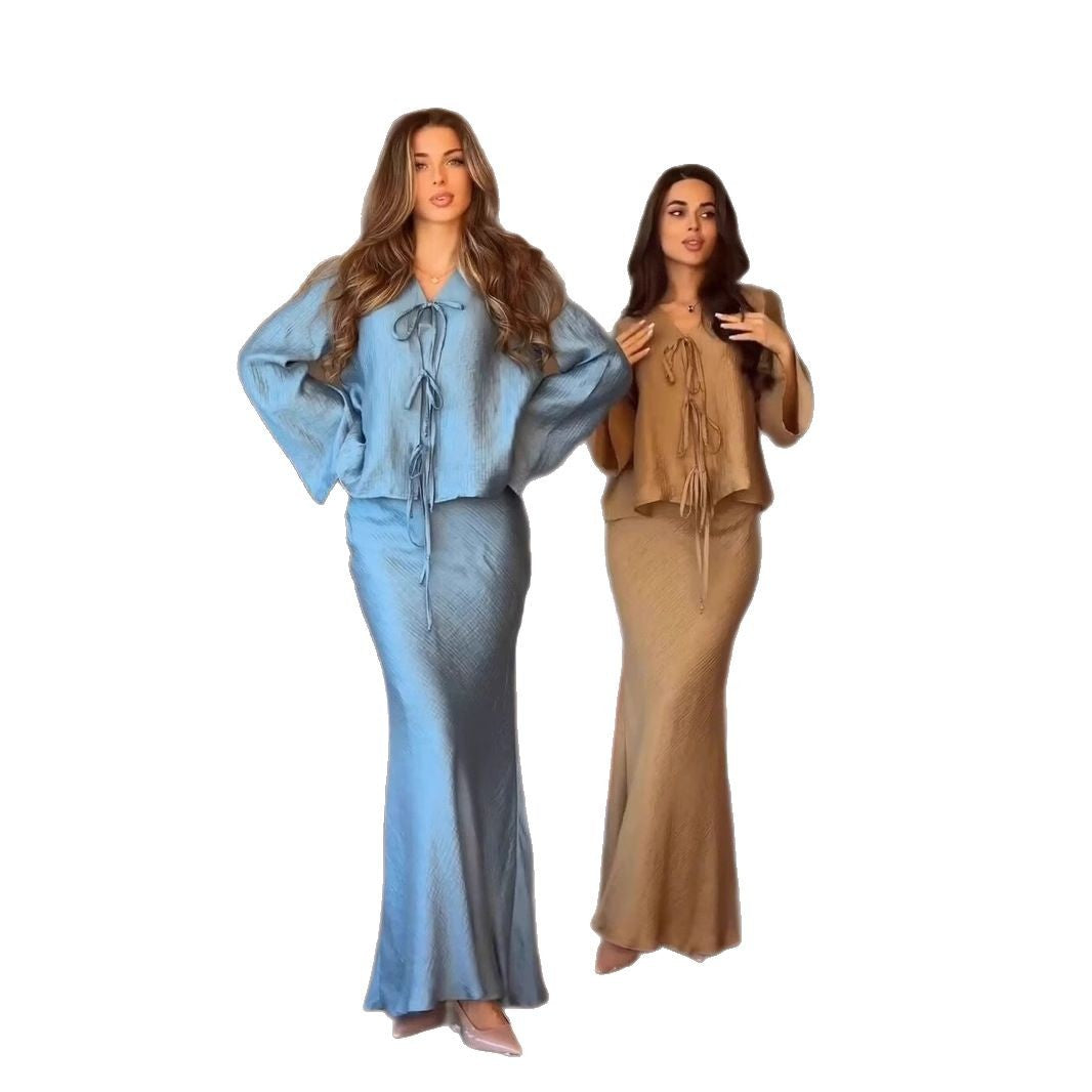 Crinkle satin two-piece set in khaki and teal shown full length on a white background