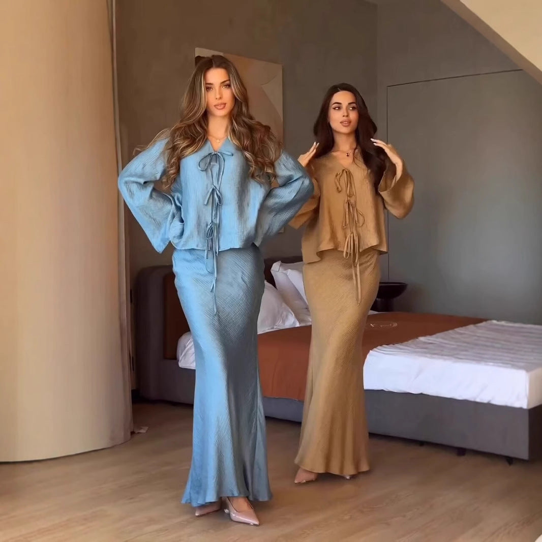 Teal crinkle satin two-piece set modelled full length beside the khaki colourway