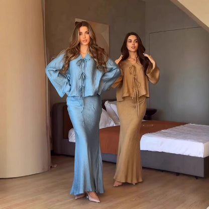Teal crinkle satin two-piece set modelled full length beside the khaki colourway
