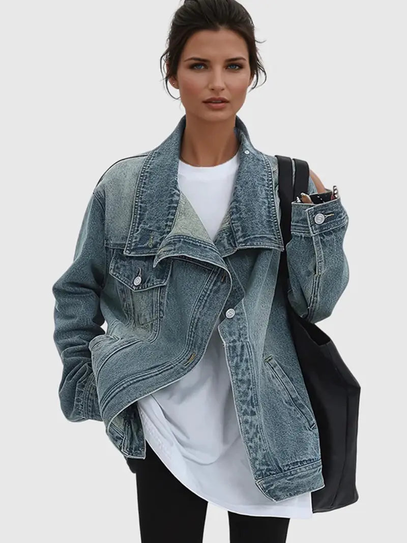 Women's Vintage Washed High Neck Asymmetric Button Loose Denim Jacket - MATCHING MASTER