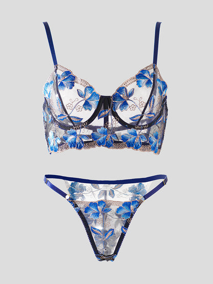 Blue Floral Embroidery Widen Side Lingerie Set