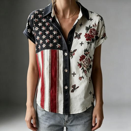 Women's American Founding 250th Anniversary Art Print Short-Sleeved Shirt - BundleWear