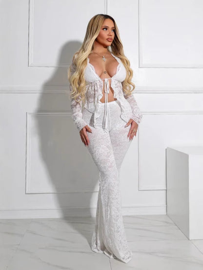 Everly Lace Top & Wide Pants Set — Sheer Lace Two-Piece Outfit
