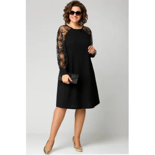 Lace Patchwork Dress with Long Sleeves and Round Neck