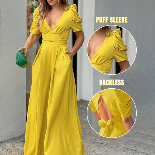 Women's Puff Sleeve Plunge Wide Leg Jumpsuit