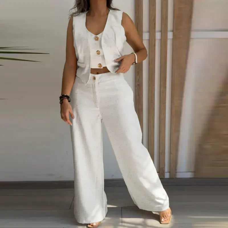 Women's 3 Pieces Outfits Metal Button Decor V Neck Sleeveless Tank Top and Casual Plain Loose Fit Pants Set