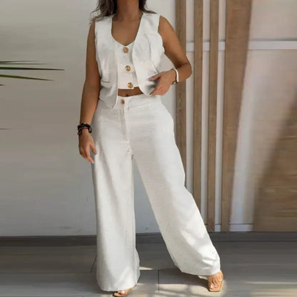 Women's 3 Pieces Outfits Metal Button Decor V Neck Sleeveless Tank Top and Casual Plain Loose Fit Pants Set