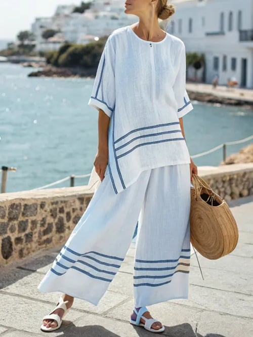 Ladies' Summer Loose Slit Irregular Striped Pants Set