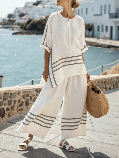 Ladies' Summer Loose Slit Irregular Striped Pants Set