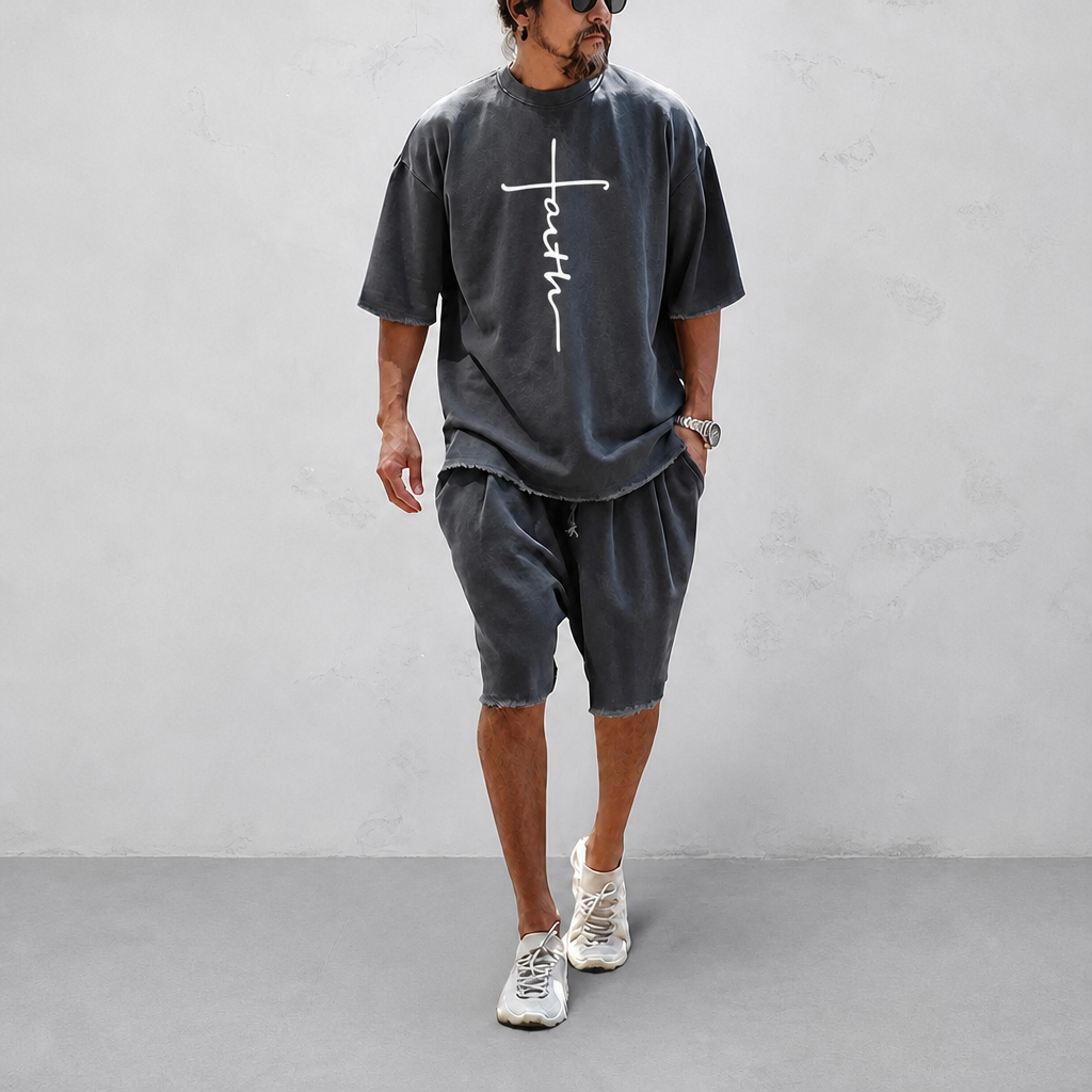 "Faith" Couple 100% Cotton Casual Loose Fit Sports Set - Breathable Moisture-Wicking 2-Piece Tracksuit