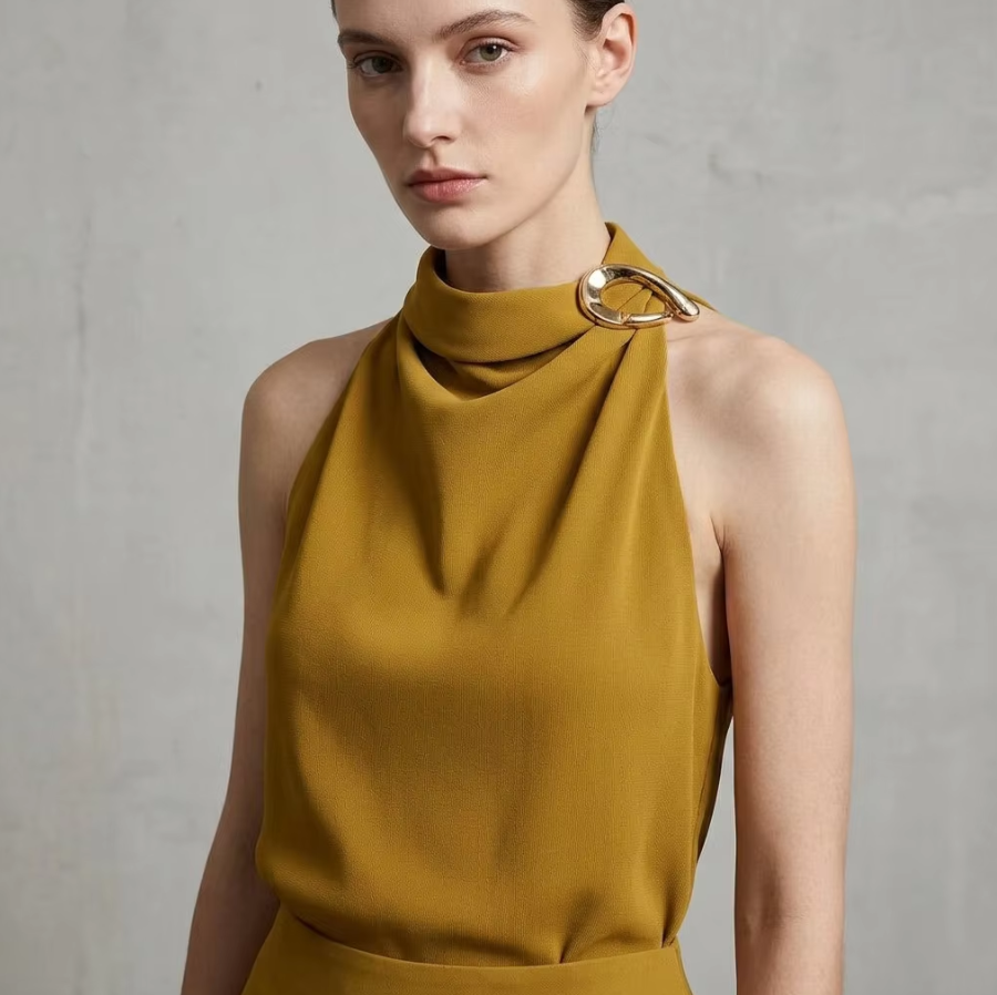 BundleWear™ Gilded Halter Top | Asymmetric Buckle & Draped Mock-Neck Tank