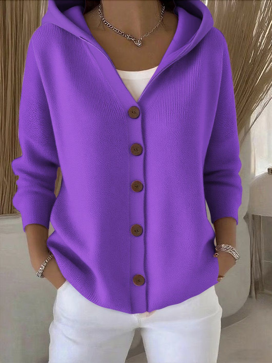 Button-down knit hooded sweater cardigan