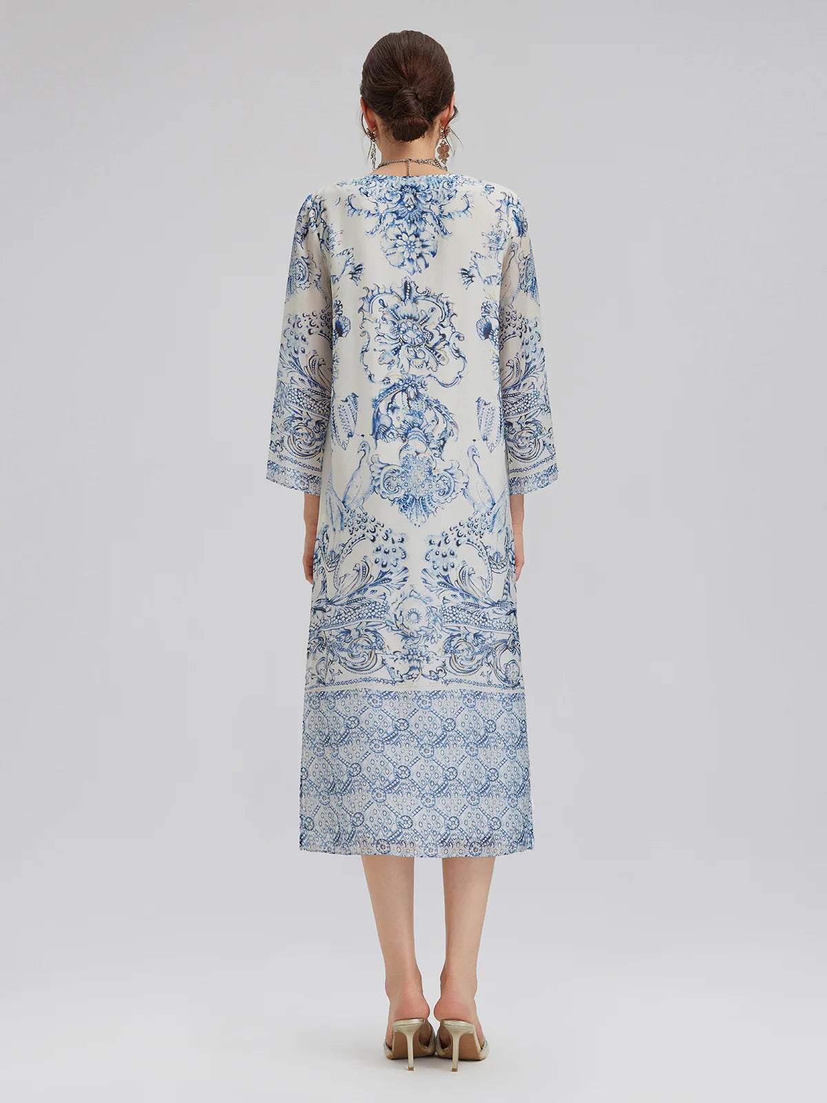 Silk Italian Floral Printed V-Neckline Dress