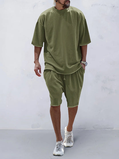 Men's 100% Cotton Casual Loose Fit Sports Set - Breathable Moisture-Wicking 2-Piece Tracksuit