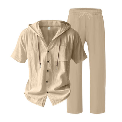 BundleWear™ Breeze-Hood Linen Set | Drawstring Hooded Shirt & Elastic-Waist Trousers