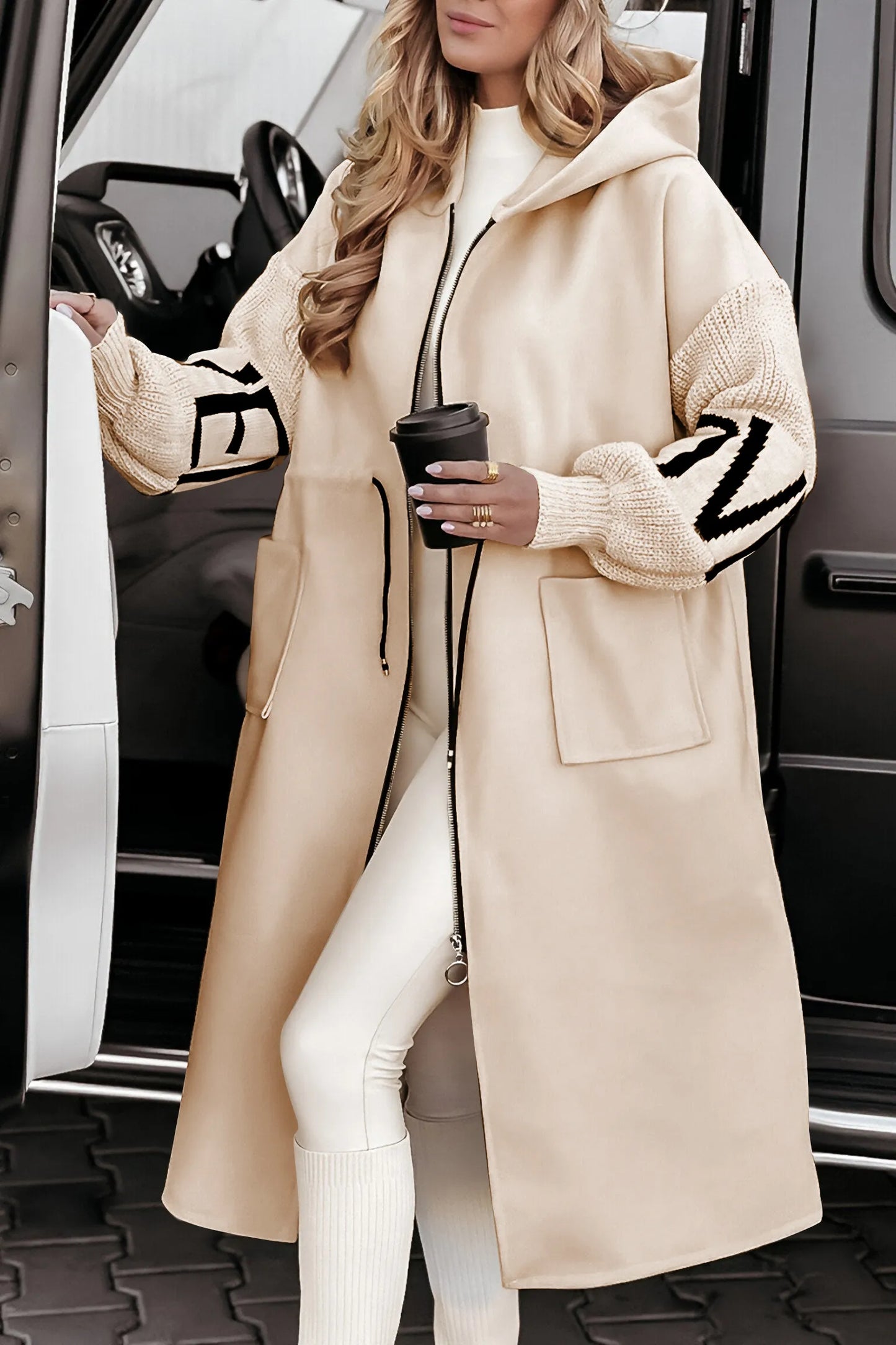 Ladies' Hooded Long Sleeve Knitted Sleeves Patchwork Casual Jacket - MATCHING MASTER