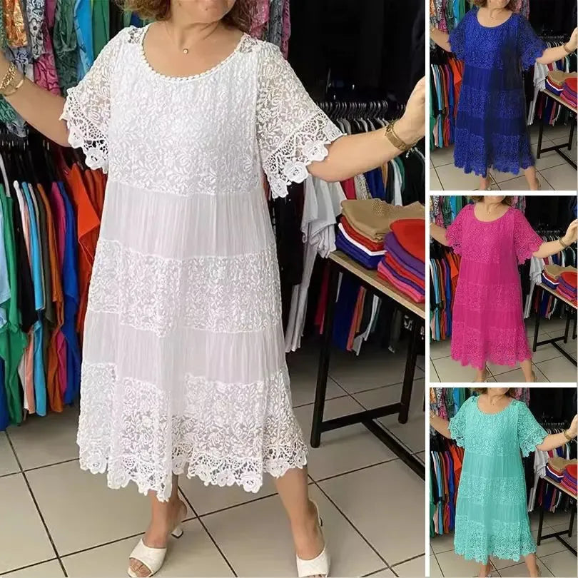 🔥49% OFF🔥 Solid Color Short Sleeve Lace Dress - MATCHING MASTER