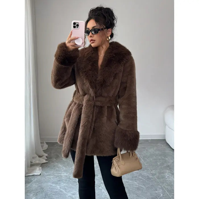 Ladies' winter lace up leopard print faux fur coat