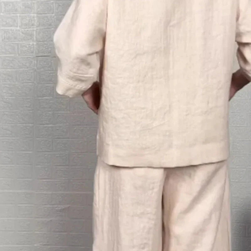 💎 2-Piece Cotton-Linen Set With An Uneven Hem – V-Neck Top + Wide-Leg Pants, Breathable & Effortlessly Stylish