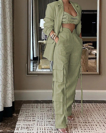 BundleWear™ Cargo-Ribbon Co-Ord | Multi-Pocket Blazer & Wide-Leg Trousers Set