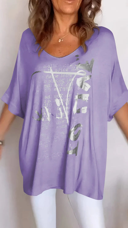 BundleWear Elegant Summer Floral V-Neck Top - Breathable Cotton-Blend Mid-Sleeve Casual Tee (S-5XL)