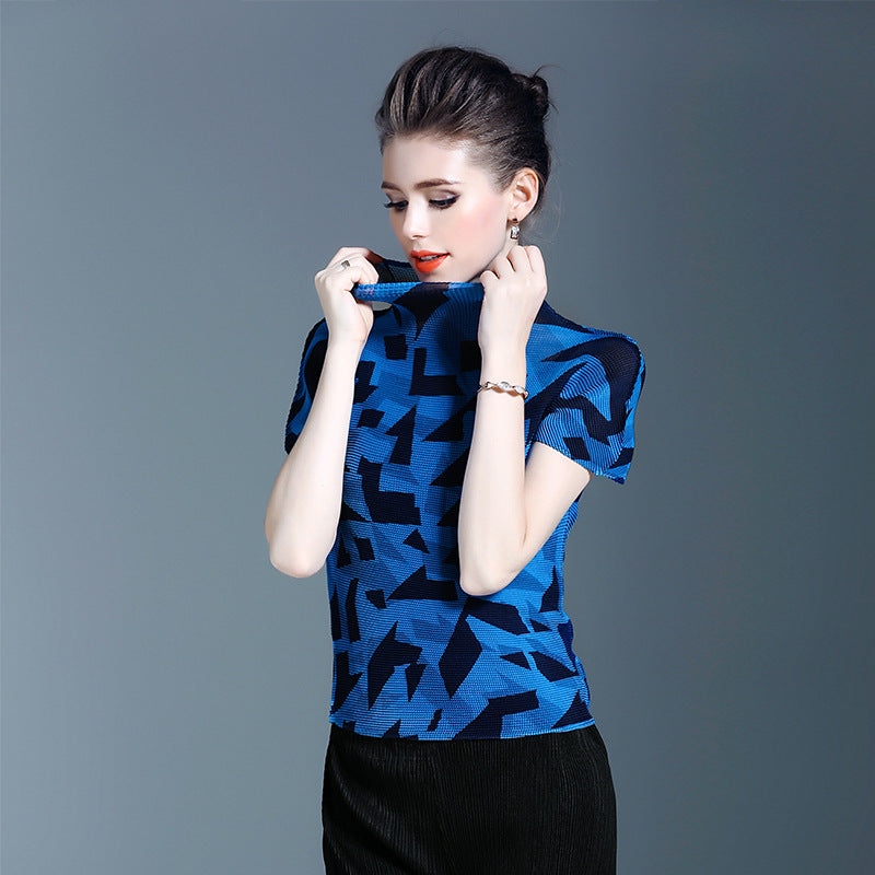 BundleWear™ Art-Print Pleated Tee | Micro-Pleated Mock Neck & Oil-Painting Floral Top