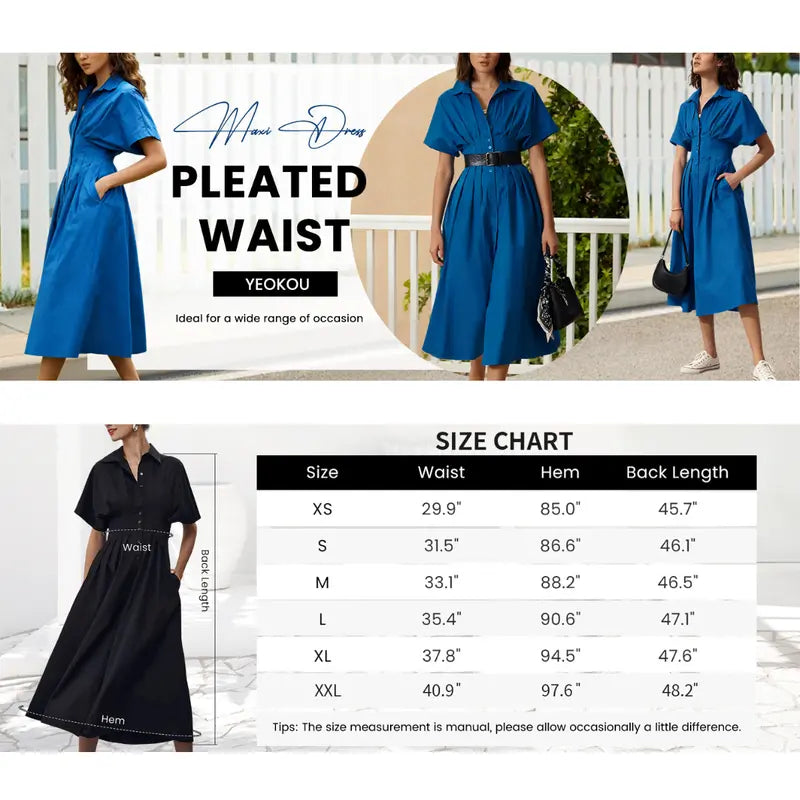 Women's Button-Down Shirt Dress - Short-Sleeve, Loose, Pleated Maxi Sundress with Pockets, Basic Casual Wear for Summer