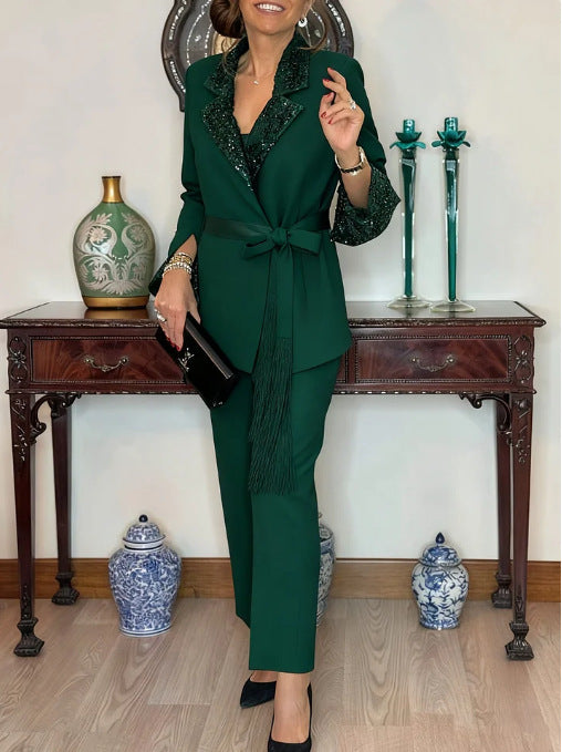 Ladies' Elegant Sequin Lapel Blazer & Pants Set