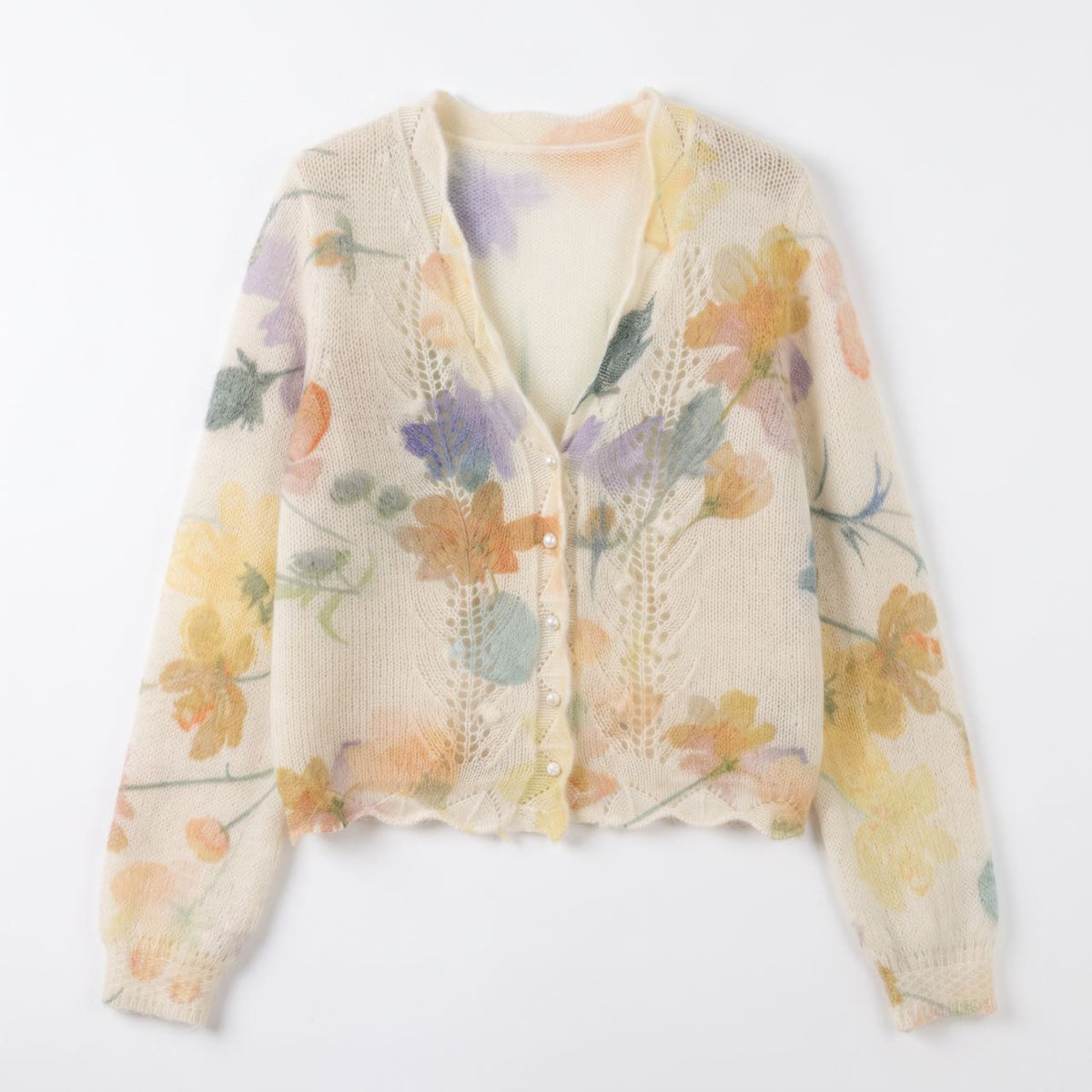 French Floral Mohair-Blend Cardigan — V-Neck Pointelle Knit, One Size