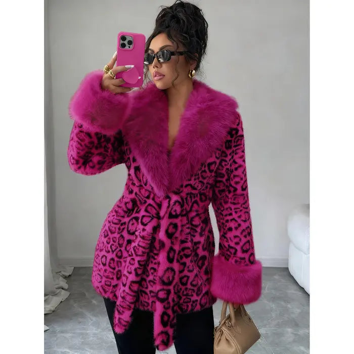 Ladies' winter lace up leopard print faux fur coat