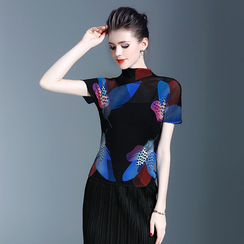 BundleWear™ Art-Print Pleated Tee | Micro-Pleated Mock Neck & Oil-Painting Floral Top