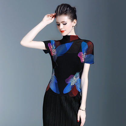 BundleWear™ Art-Print Pleated Tee | Micro-Pleated Mock Neck & Oil-Painting Floral Top