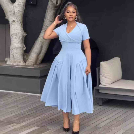 Ladies' V-neck Solid Color Elegant Casual Dress - MATCHING MASTER